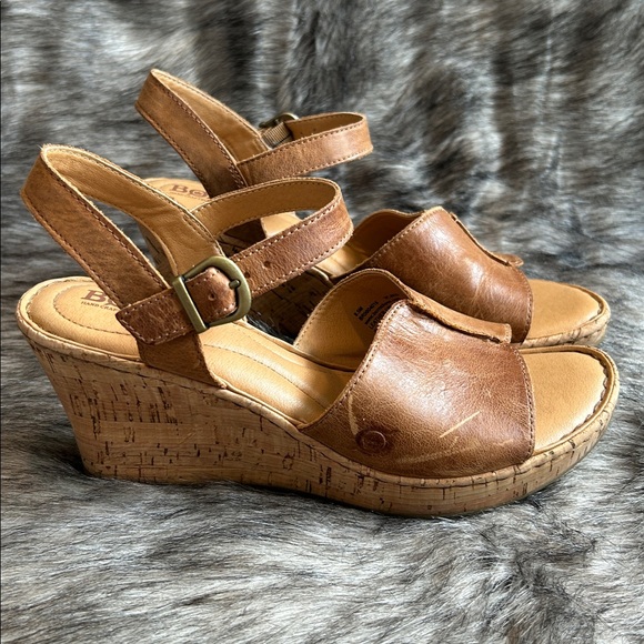 Born Shoes - BORN Agnio Tan Leather Cork Wedge Ankle Strap Sandals Size 8.5